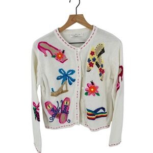 Vintage Thyme Cream Knit Cardigan Shoes Butterfly Novelty Size M Embroidered‎